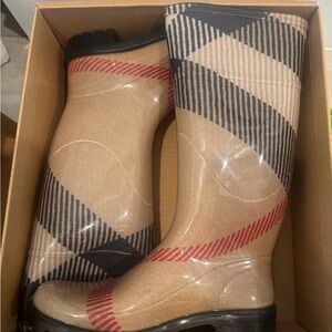 Burberry Tan and Red Plaid Rain Boots